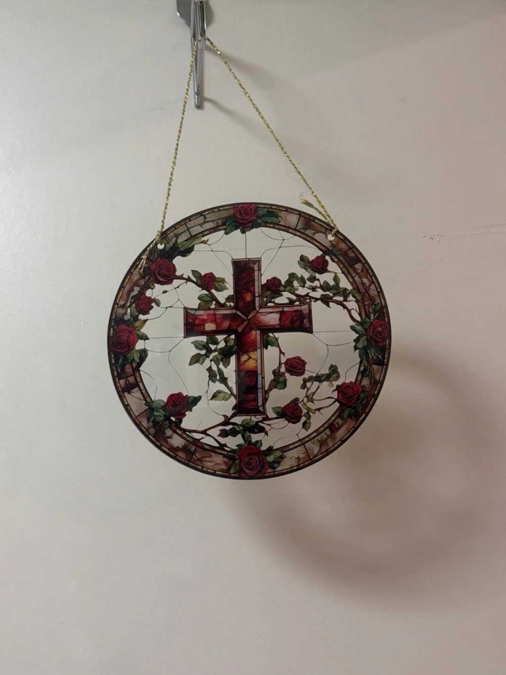 Stained Glass Cross Sun Catcher with Red Roses